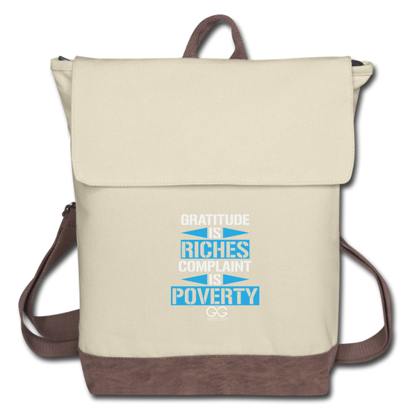 Gratitude is riches complaint is poverty Canvas Backpack - ivory/brown