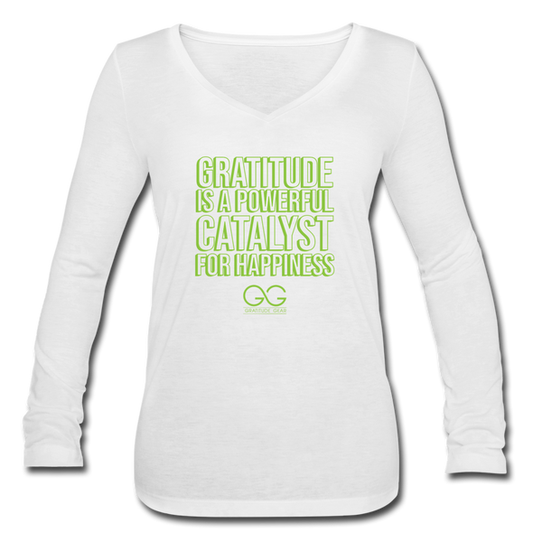 Women’s Long Sleeve  V-Neck Flowy Tee GRATITUDE IS A POWERFUL CATALYST FOR HAPPINESS - white