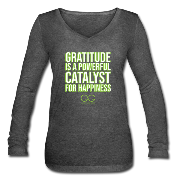 Women’s Long Sleeve  V-Neck Flowy Tee GRATITUDE IS A POWERFUL CATALYST FOR HAPPINESS - deep heather