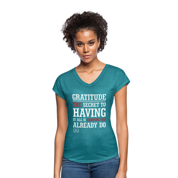 Gratitude is the Secret - Women's Tri-Blend V-Neck T-Shirt - heather turquoise